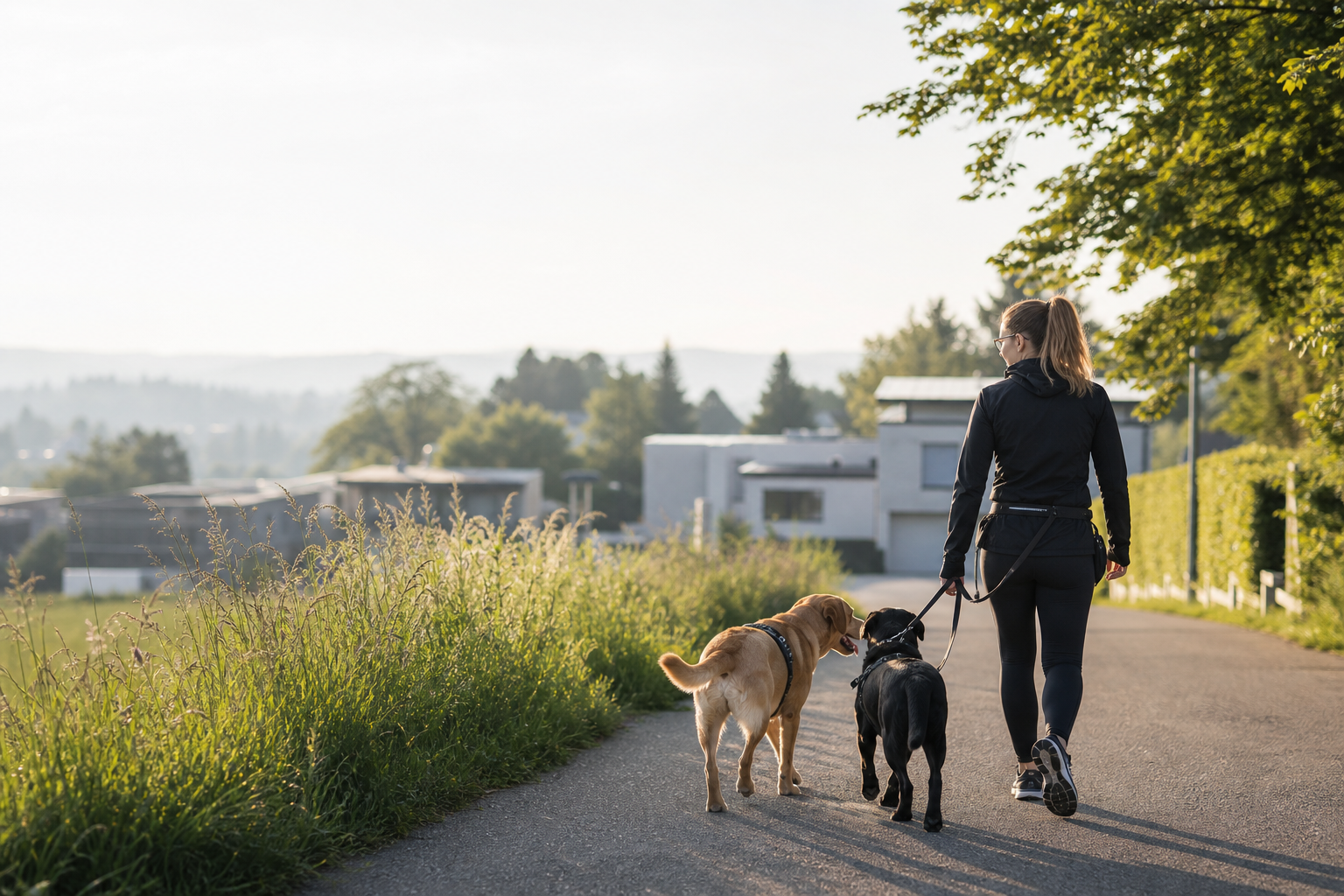 Professioneller Gassi-Service mit zwei Hunden auf ruhiger Morgenrunde
