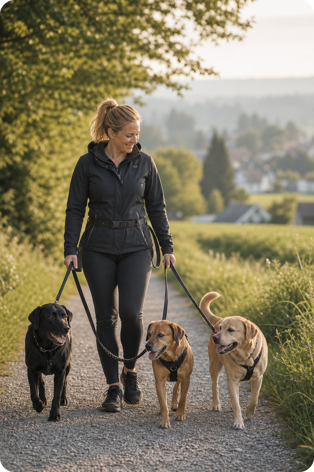Blonde Hundebetreuerin ohne Brille mit kleiner Hundegruppe im Raum Winterthur und Thurgau